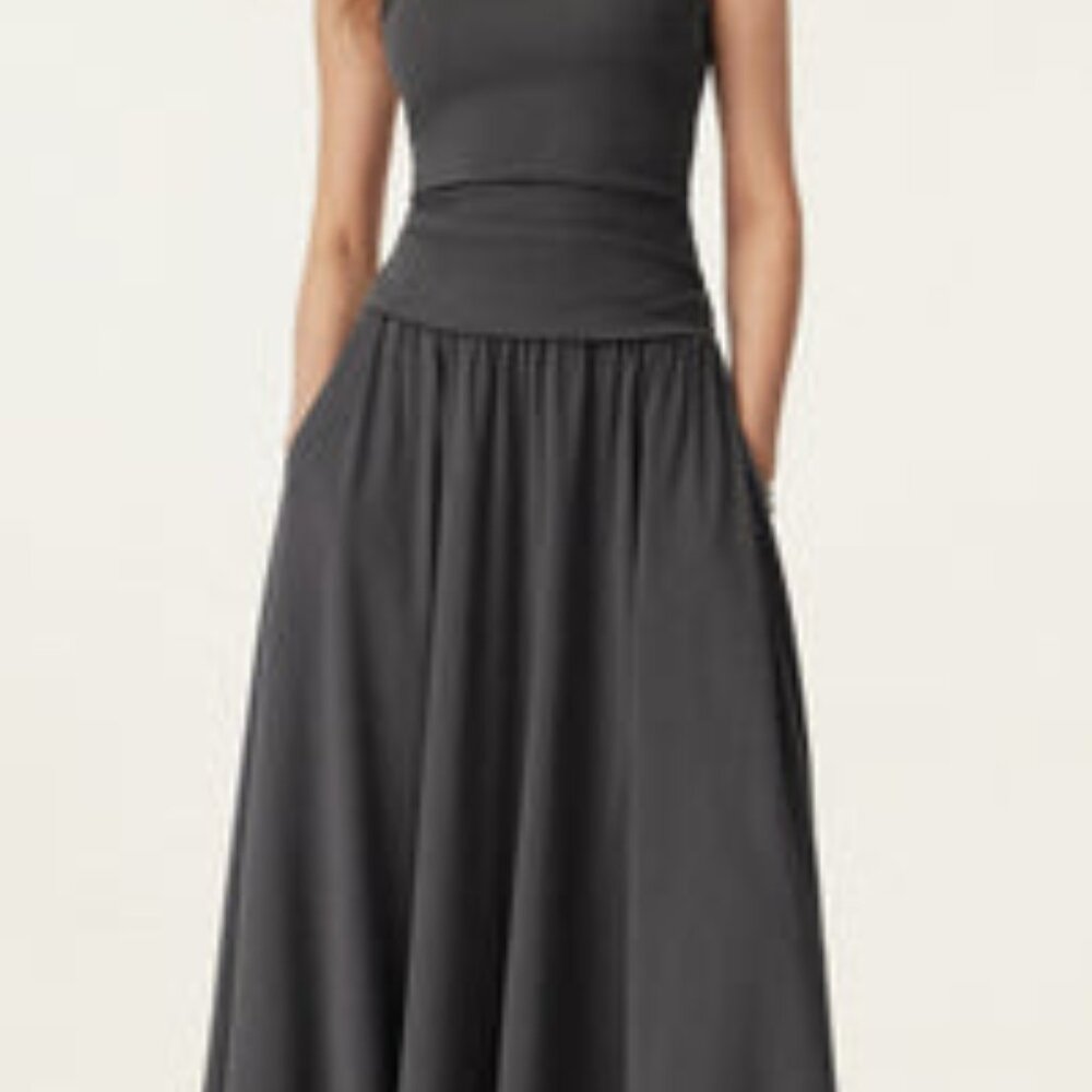 2Pcs Set Boatneck Brami Tank & Umbrella Maxi Skirt with Pockets - Charcoal Small